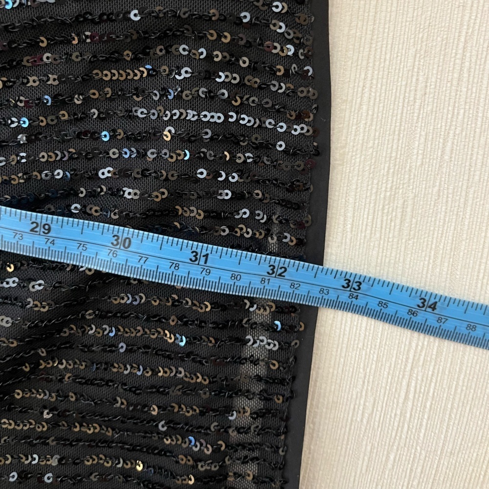 LDT Black Dress Sequin Mini Puff Sleeve Tie Waist Cocktail Holiday Party Glam - Picture 10 of 13